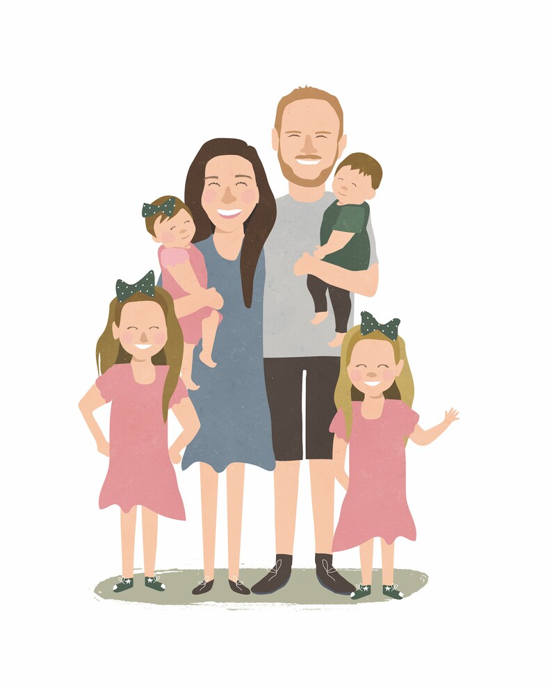 May include: A family portrait illustration featuring a couple with four children. The parents are standing in the center, with the children standing in front of them. The parents are smiling, and the children are looking at the camera. The family is dressed in casual clothing. The background is white.