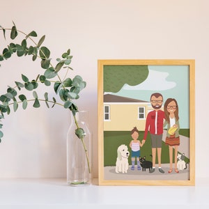 May include: A framed illustration of a family with two children and three pets standing in front of a house. The family is wearing casual clothing and smiling. The house is yellow with a green lawn. The illustration is in a light wood frame.
