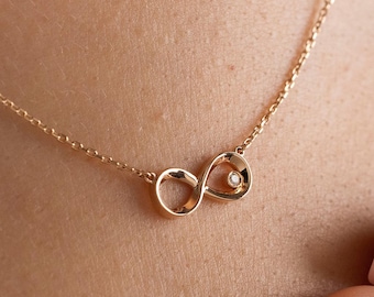 14k Solid Gold Diamond Infinity Necklace, Natural Diamond Minimalist Endless Loop Eternity Jewelry