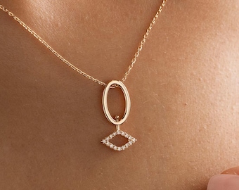 14k Solid Gold Geometric Diamond Necklace, Oval Link Dainty Drop Dangle Pendant