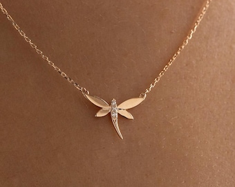14k Solid Gold Diamond Dragonfly Necklace, Natural Diamond Minimalist Animal Jewelry