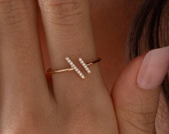 14k Solid Gold Diamond Bypass Ring, Stackable Double Bar Wrap Ring, Dainty Rings Jewelry