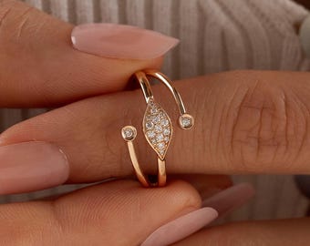 14k Solid Gold Pave Marquise Shape Diamond Double Band Wrap Ring