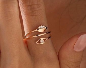 14k Solid Gold Diamond Evil Eye Wrap Ring, Natural Diamond Bypass Minimalist Rings