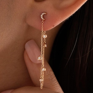 14k Solid Gold Single Diamond Moon Chain Earrings Stud with Bezel Drape