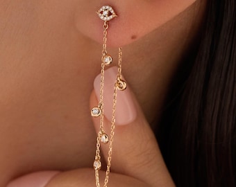 14k Solid Gold Pave Diamond Evil Eye Stud with Bezel Chain Single Dangle
