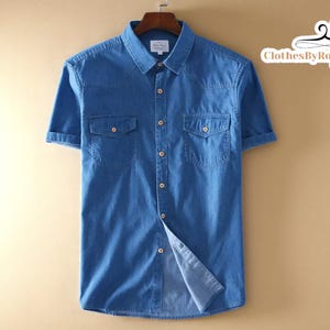 Men’s Soft Denim Shirt | Lightweight Summer Button Top | Short Sleeve Polo | Front Pocket Casual Style | Formal Daily Office Style