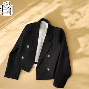 Women&#39;s Crop Blazer Coat | Casual Workwear Jacket | Elegant Gemstone Button Outerwear | Office Spring Fall Fashion | Stylish Gift for Her