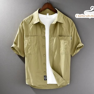 Men&#39;s Short Sleeve Shirt | Casual Pocket Shirt for Summer | Loose Fit Streetwear Top | Lightweight Cotton Daily Wear | Gift for Him