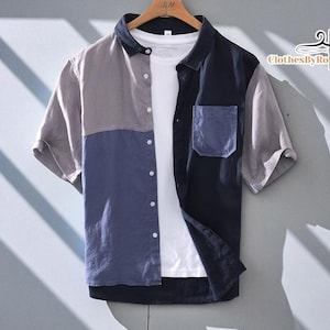 Splicing Contrasting Color Shirt | Relaxed Fit Men’s Top | Short Sleeve Casual Wear | Youth Street Outfit | Casual Everyday Menswear
