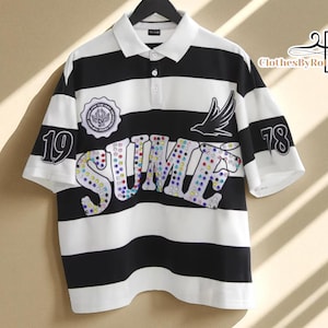 Striped Design Unisex Polo Shirt | Loose Graphic Streetwear Tee | Casual Oversized Top | Cozy Hip Hop Style | Y2K Inspired Clothing