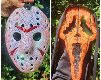 Glamorous Bedazzled Jason Hockey, Pumpkin Ghost and Ghost face Mask ready to ship. Halloween mask, Horror mask.