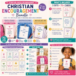 Può includere: Un pacchetto di incoraggiamento cristiano per bambini dai 6 ai 12 anni, con oltre 75 carte basate sulle scritture. Il set include tre collezioni: Peace & Courage, Backpack Blessings e Who God Says I Am, con istruzioni per la stampa e l'uso.
