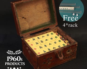 Colección antigua, década de 1960, juego de Mahjong de estilo chino vintage, Mahjong hecho a mano, 136 fichas, con guía, caja de madera maciza, hecho en Hong Kong.
