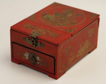Antique Collection,Vintage Cosmetics Case with mirror ,Vintage Chinese Style Home Storage Box - Original Lacquerware Wooden Box,big size