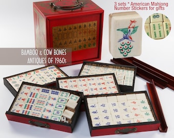 Antique MahJong set,Cow Bone & Bamboo Tiles,Hand carved patterns,Playable 144+4 full tiles,Exquisite Wooden Box,Free guide book,Wooden Racks