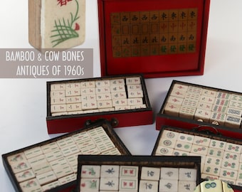 Antique MahJong set,Cow Bone & Bamboo Tiles,Hand carved patterns,Playable 144 full tiles,Exquisite Wooden Box,Free guide book,Wooden Racks