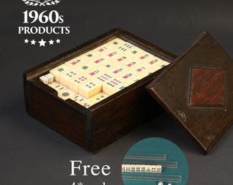 Colección antigua, década de 1960, juego de Mahjong de estilo chino vintage, Mahjong hecho a mano, 136 fichas, con guía, caja de madera maciza, hecho en Hong Kong.