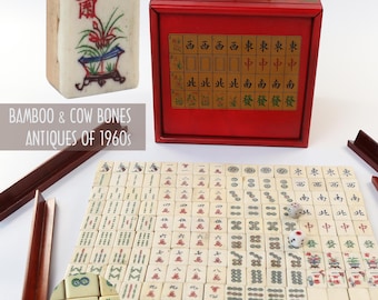 Antique MahJong set,Cow Bone & Bamboo Tiles,Hand carved patterns,Playable 144+4 full tiles,Exquisite Wooden Box,Free guide book,Wooden Racks