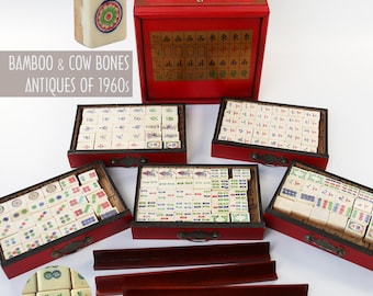 Antique MahJong set,Cow Bone & Bamboo Tiles,Hand carved patterns,Playable 144 full tiles,Exquisite Wooden Box,Free guide book,Wooden Racks