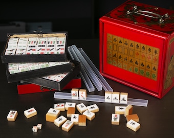 Vintage MahJong Bamboo backed Tiles set,Playable 144 full tiles,24# mini Tiles,Lacquerware Wooden Box,with free 4 racks and  game guide book