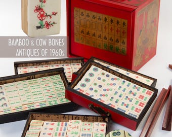 Antique Cow Bone & Bamboo Tiles MahJong set,Hand carved patterns,Playable 144 full tiles,Exquisite Wooden Box,Free guide book,Wooden Racks