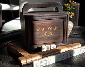 Antique MahJong Set,Cow Bone & Bamboo Big Size Tiles,Handmade Custom Rosewood Box,152 Full Tiles,Free Number Stickers,Wooden Racks,Good Gift