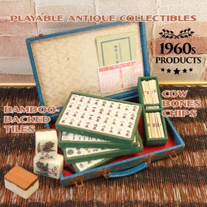 Antique Collection Mahjong,Vintage MahJong set,Playable 144 full tiles,Ox-bone Chips,Handmade bamboo-backed Tiles,1960s Products.