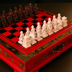 Vintage Handmade Chess - Original Lacquerware Wooden Box,cute chess,Vintage Chinese Style Chess,Terracotta Army chess, International chess