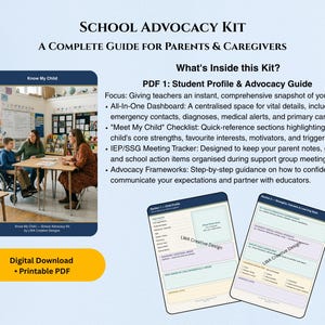 Pode incluir: Um Kit Digital de Defesa Escolar para pais e cuidadores. O kit inclui um perfil do aluno, um guia de defesa, uma lista de verificação e um rastreador de reuniões. A imagem mostra uma cena de sala de aula e dois modelos PDF digitais. Disponível como download digital e PDF para impressão.