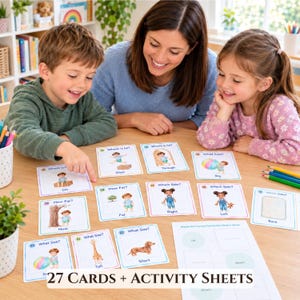 May include: A set of 27 educational activity cards and sheets featuring colorful illustrations and text prompts such as Where is he, How Far, What Size, and Which Side, designed for learning spatial concepts, sizes, and directions for children.