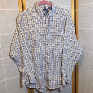 Pier Connection Mens Large Plaid Button Down Shirt Blue Yellow White Cotton L/S