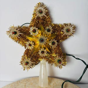 Vintage Christmas Tree Topper Light Lighted Star Gold Tinsel Retro 6 1/2&quot;
