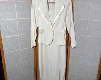 Alexis Dress Suit Womens 12 Ivory Vintage 2pc Jacket Maxi Dress Satin Trim USA