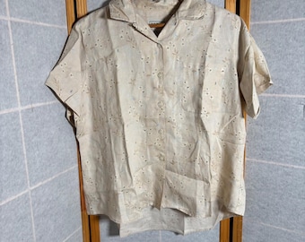 LLBean Womens Linen Floral Short Sleeve Button Up Shirt Medium Regular Beige VTG