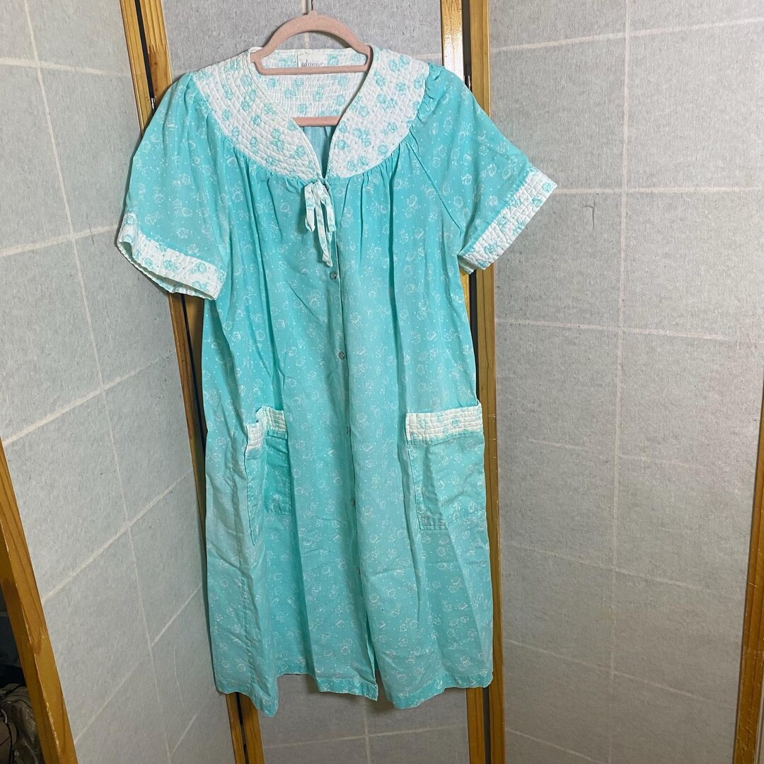 Adonna Snap Ront Robe Adonna Vintage Floral House Dress Aqua Blue Snap Front Duster Muumuu ...