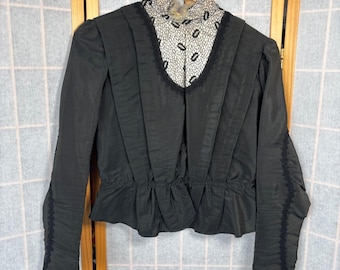 Antique Victorian Black Lace Trimmed High Neck Shirtwaist Blouse Top S
