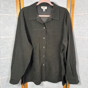 Talbots Faux Suede Button Down Shirt Large Olive Green Shacket Pocket VTG