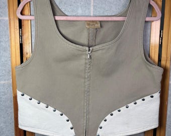 Wrangler Vest M Khaki Tan White Studded Zip Front Western Twill Crop  Small