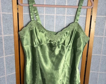 Vintage Y2K Sage Green Satin Lace Trim Beaded Camisole Top Size 13/14