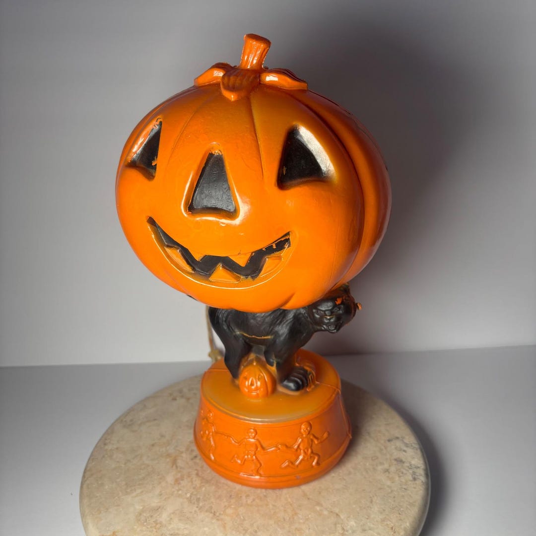 Vintage Halloween Blow Mold Jack O Lantern Pumpkin Black Cat Light up ...