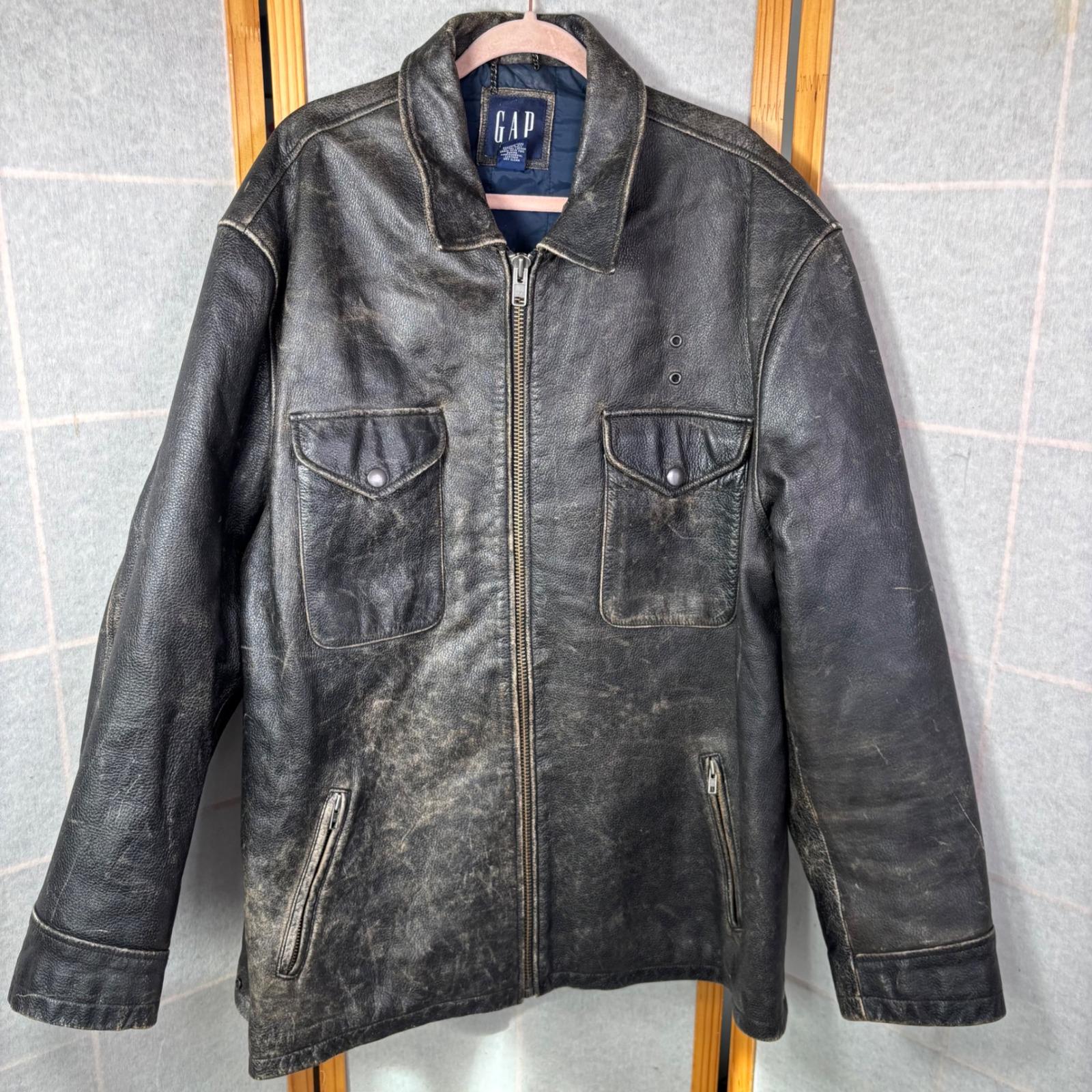 GAP Leather Jacket XXL Black Distressed Vintage Full Zip Quilted