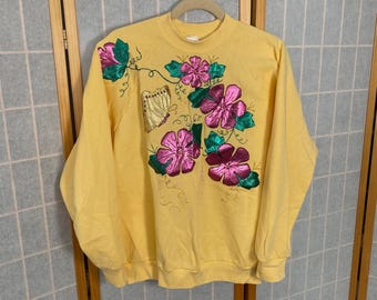 VTG Fruit of the Loom Yellow Floral Butterfly Sweatshirt XL Casualwear Retro