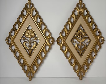 Syroco Floral Wall Art Set 2 14x8.5 Gold Diamond Hollywood Regency MCM 4973