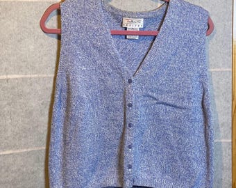 Talbots Petites Blue White Marled Cotton Knit Button Front Sweater Vest PM