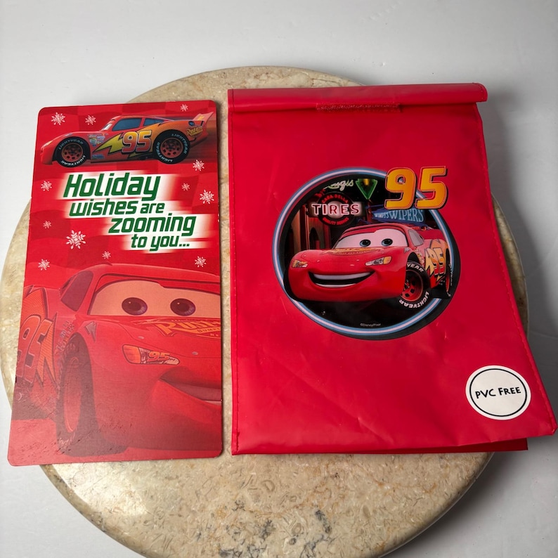 Disney Pixar Cars Reusable Lunch Bag & Hallmark Money Card Lightning McQueen VTG image 1