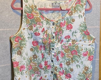 Bonjour International Vintage Floral Pintuck Button Front Cotton Crop Top Medium