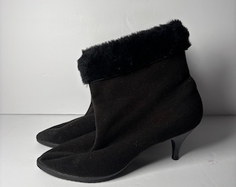 Winterset Fur Trimmed Suede Ankle Boots Women's Black Kitten Heel Size 7.5