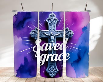 Diseño de cruz espiritual "Salvado por la gracia" - Elegante envoltura para vaso de acuarela de 20 oz