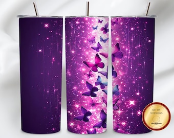 Purple Butterfly Glitter Tumbler Wrap PNG, 20 Oz Skinny Sublimation Design, Sparkle Fantasy Wrap, Magical Flying Butterflies Printable PNG